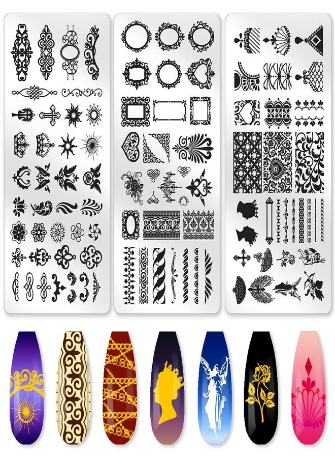 beinkmake 3Pcs Vintage Baroque Nail Stamping Plate Set Angel Devil Nail Stamp Templates French Line Tip Nail Stamp Plates Floral Border Metal Reusable Tools with Stamper Scraper for Manicure Printing - Image 1